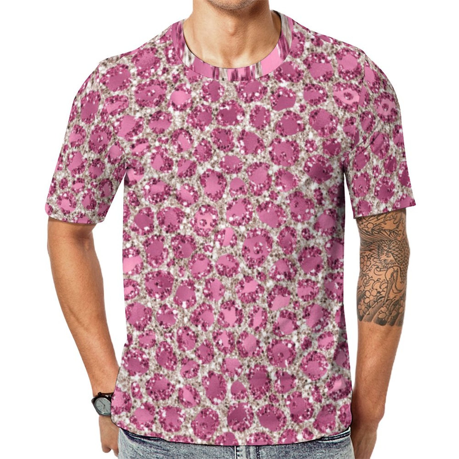 Pink Glitzy Glam Glitter Leopard Print Short Sleeve Print Unisex Tshirt Summer Casual Tees for Men and Women Coolcoshirts
