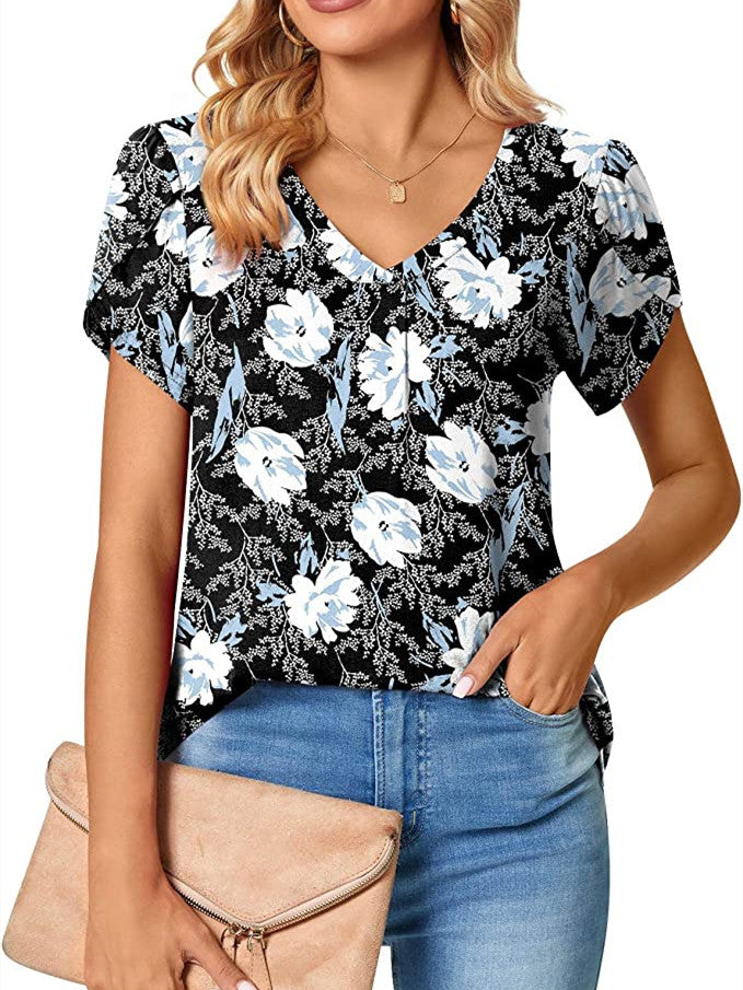 Women's Short-sleeved V-neck Geometric Flower Print Casual Top