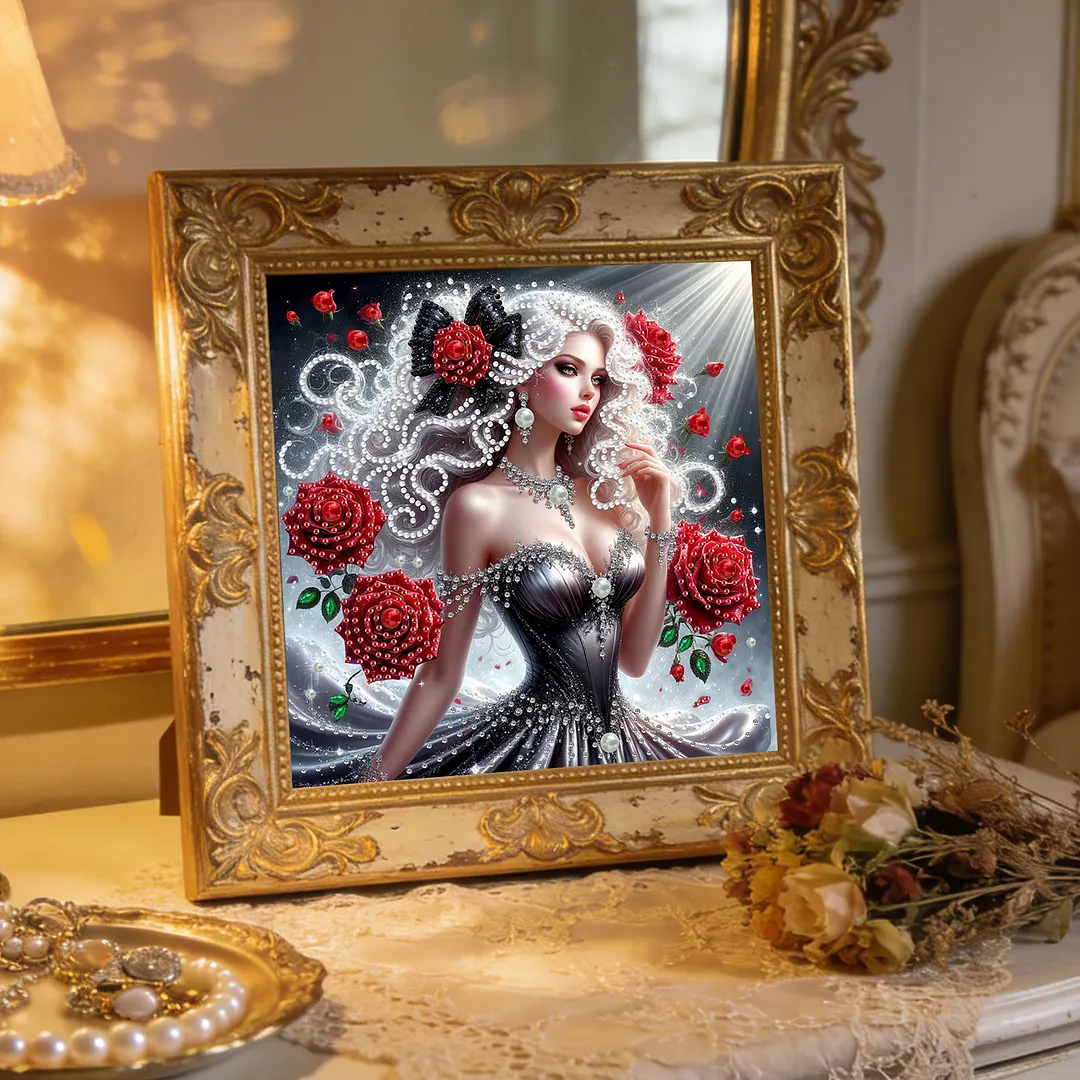 Rose Black Dress Beauty Special Shaped 5D DIY Partial Drill Diamond Painting Kits for Adults Beginners Home Decor Diamonds Dots Gem Art Kits 11.81x11.81inch