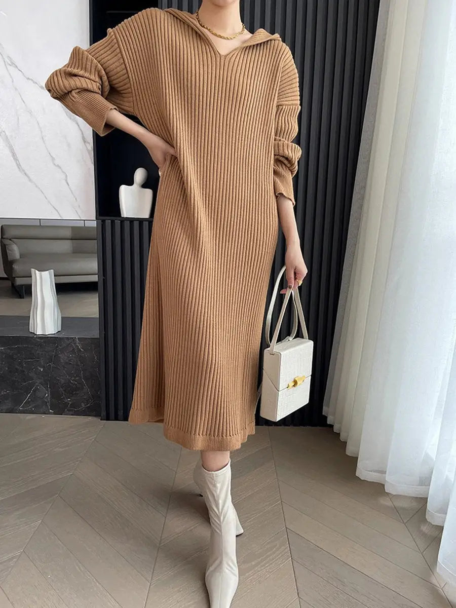 Loose Hooded Long Sleeve  Knitted Midi Dress
