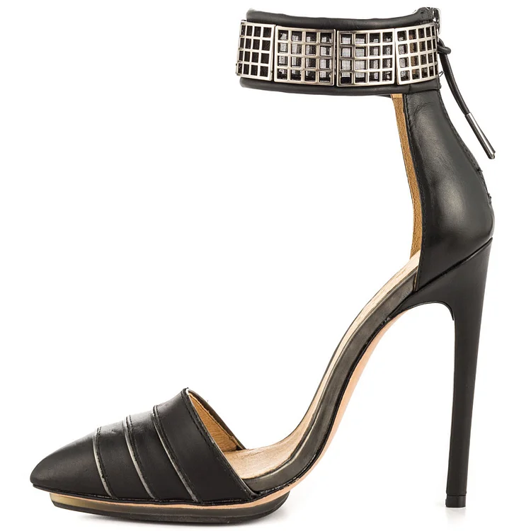 Black Pointed Toe  Ankle Strap Sandals Metal Stiletto Heel Pumps |FSJ Shoes