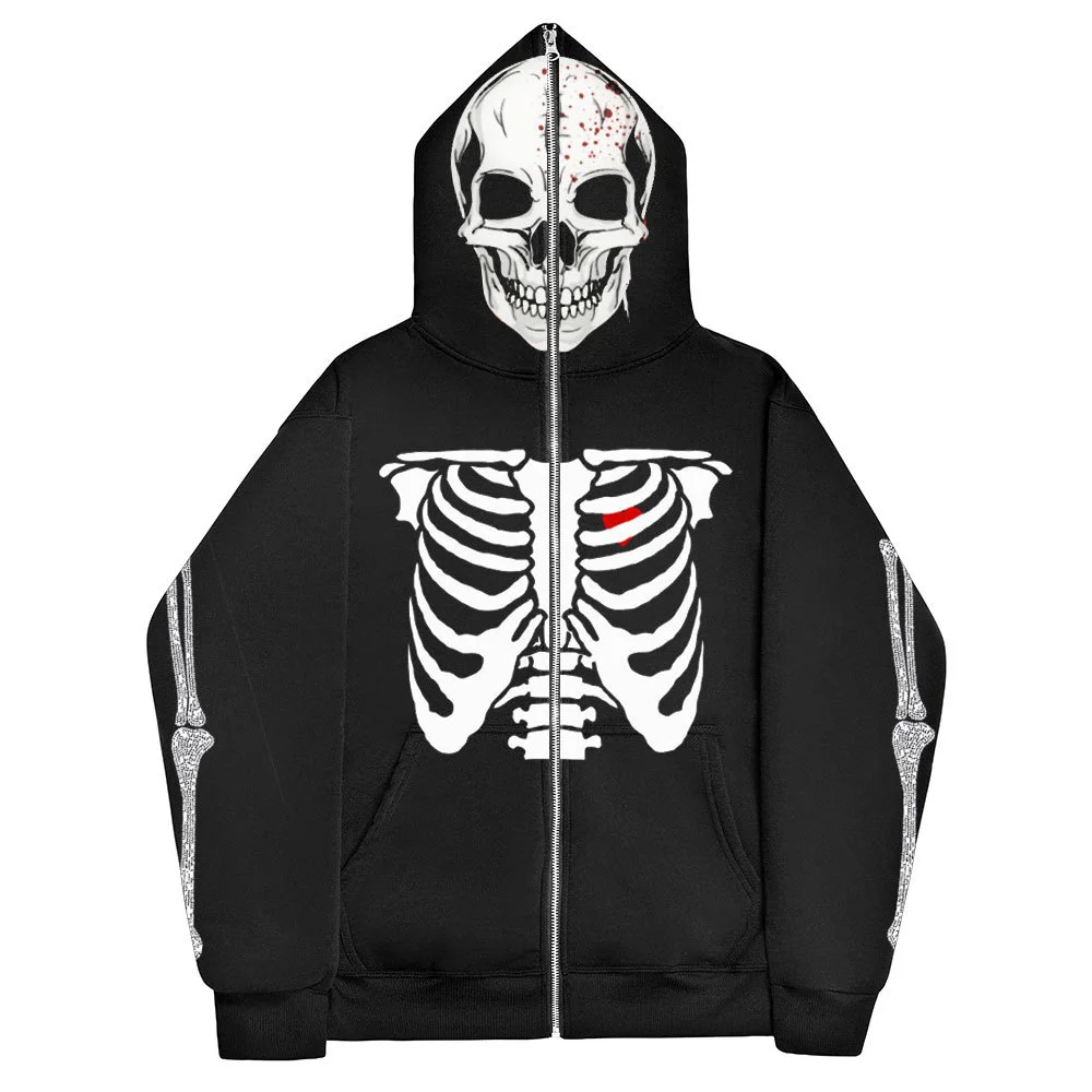 Y2k Skull Print Sweatshirt Hoodie Goth Full Zip Up Hoodie