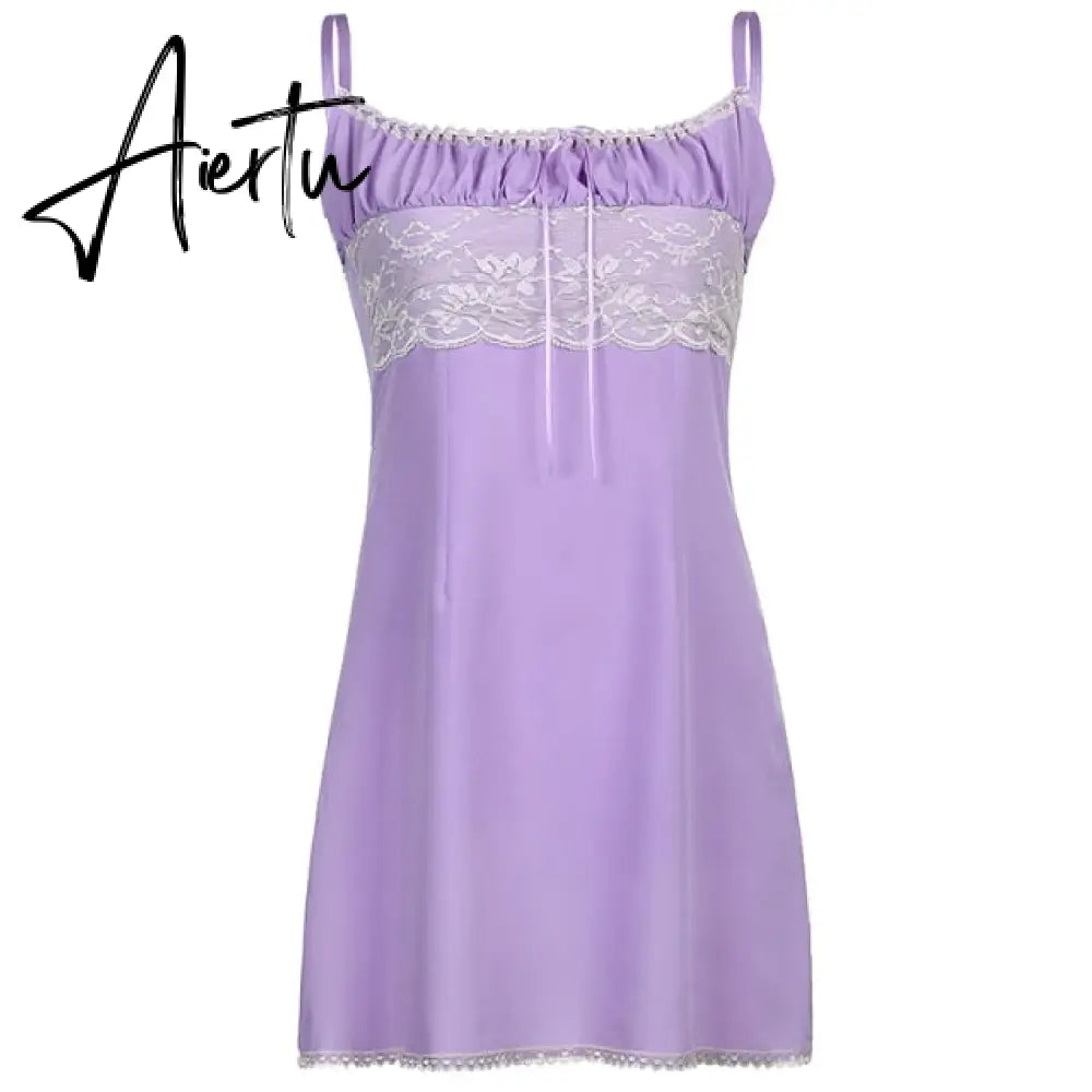 Sweetown Aesthetic Purple Party Dress Women Lace Chiffon Cute Sleeveless Sexy Mini Dresses Lace Up Kawaii E Girl Clothes Aiertu