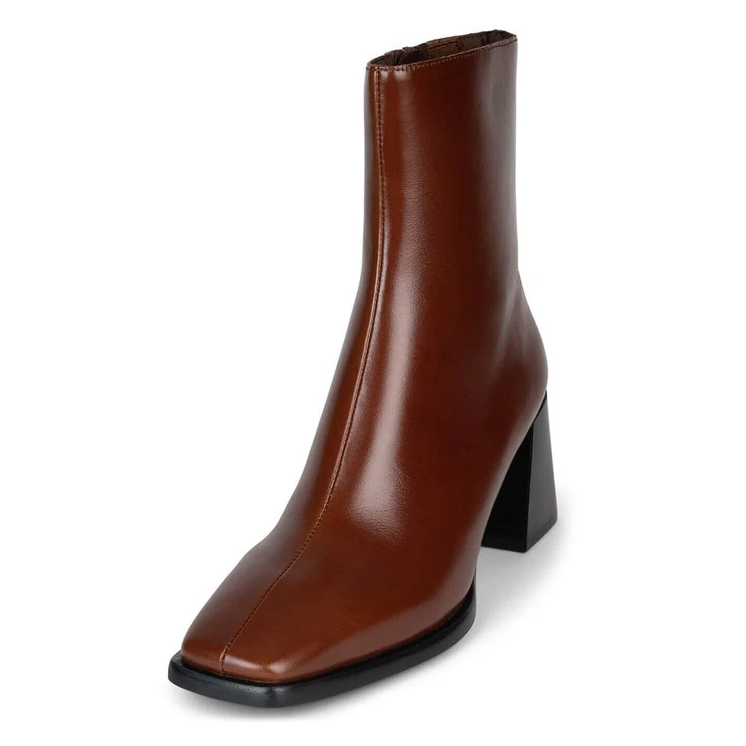 Classic Square Toe Chunky Heel Zipper Brown Short Boots for Women