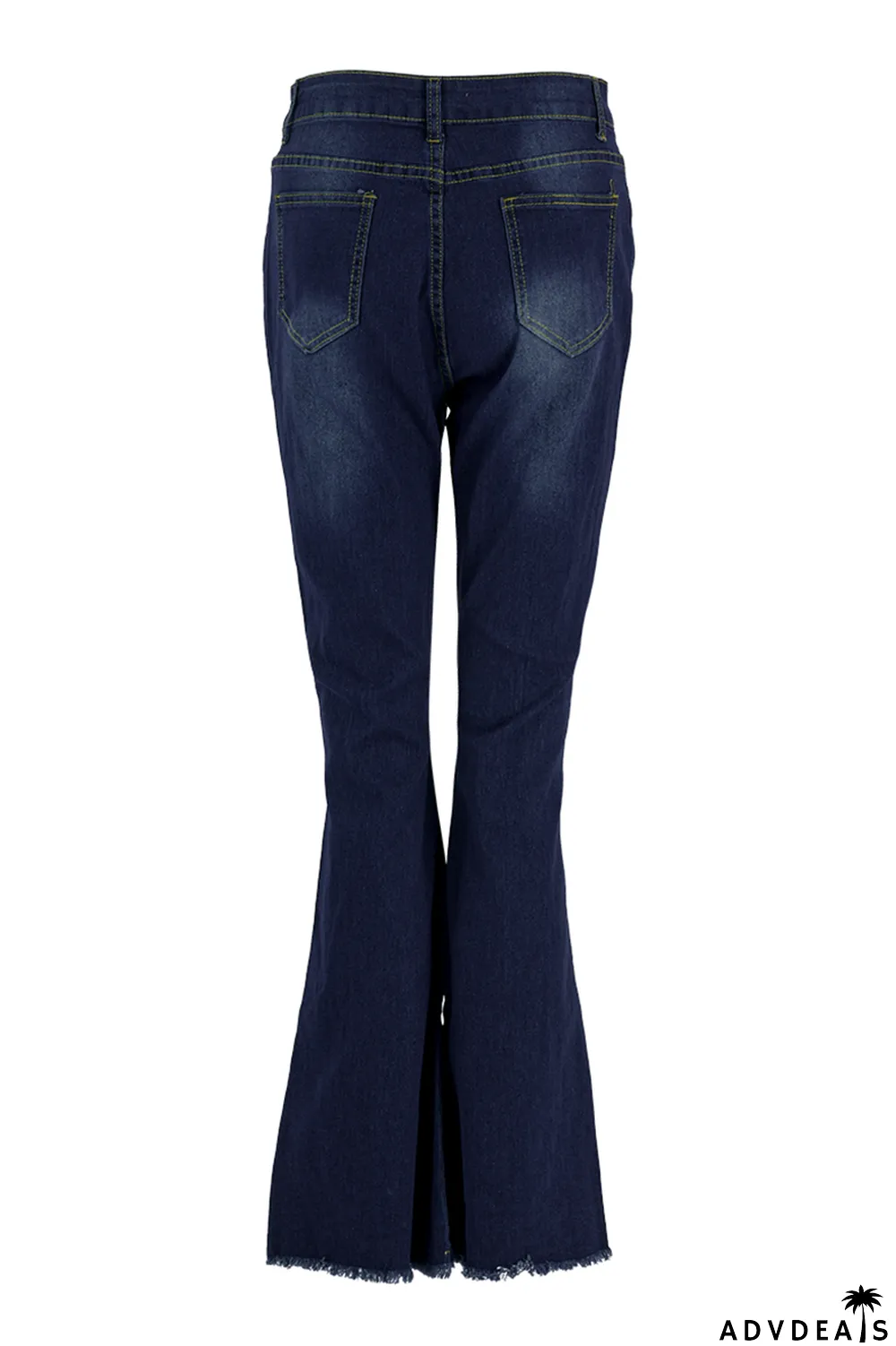 Dark Blue Sexy Solid Ripped Pearl Mid Waist Boot Cut Denim Jeans