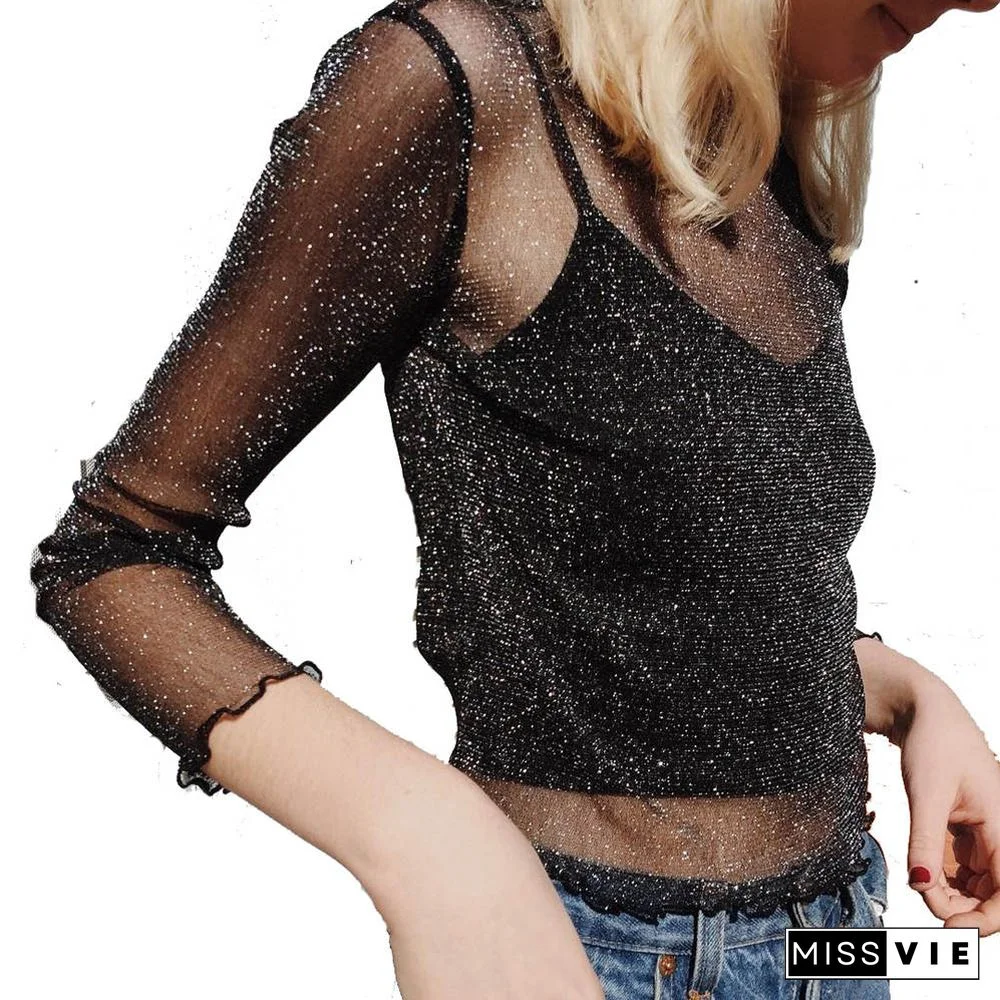 Sexy Mesh Long Sleeve T Shirt Women Summer Transparent Club Party Black Tee Shirts Cutely Thin O Neck Short Tops