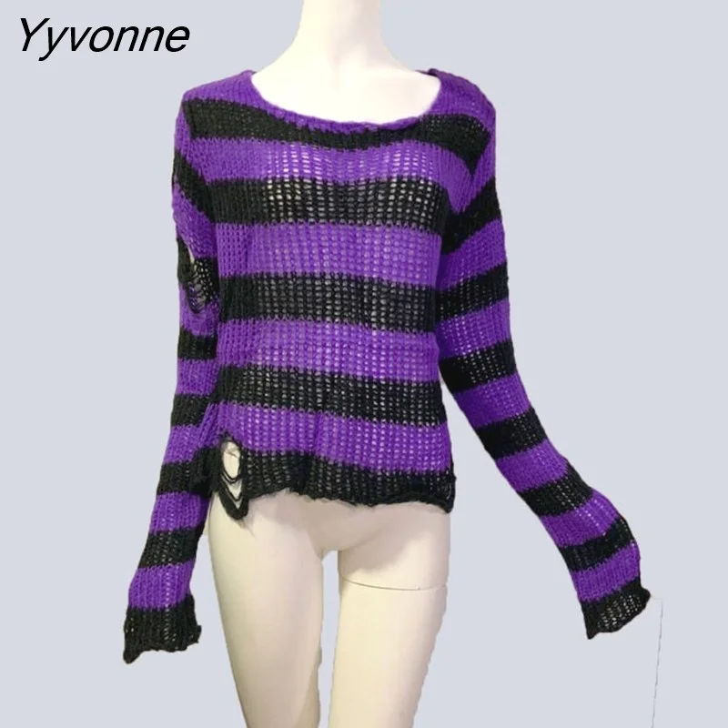 Yyvonne Size Punk Gothic Long Unisex Sweater Dress Cool Hollow Out Hole Broken Jumper Loose Rock Thin Sweter 2023 Women Man Striped 305-0