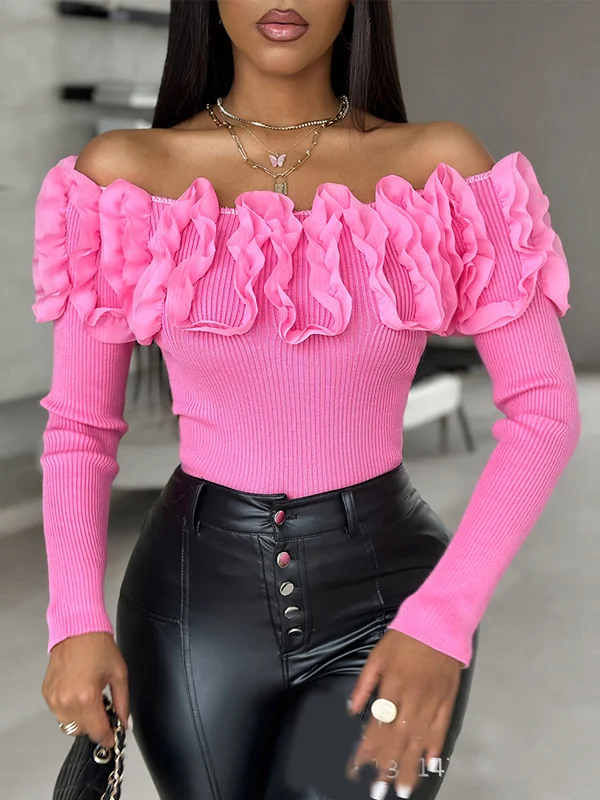 Pleated Solid Color Three-Dimensional Flower Long Sleeves Skinny Off-the-shoulder Sweater Tops Knitwear