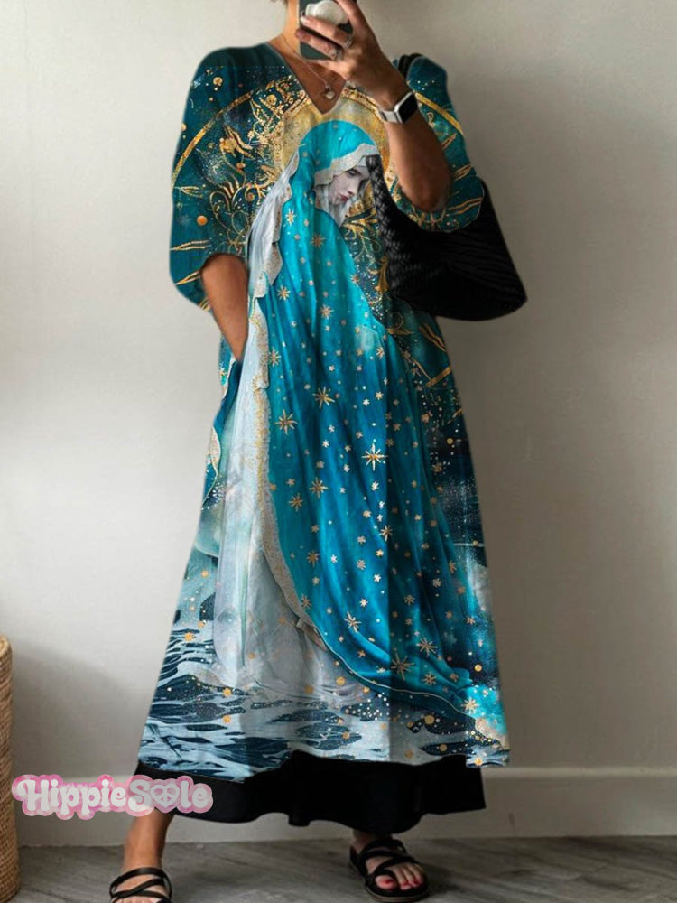 Women’s Vintage Mary Star Of The Sea Art Print Pocket V-Neck Cotton Dress Multicolor / S