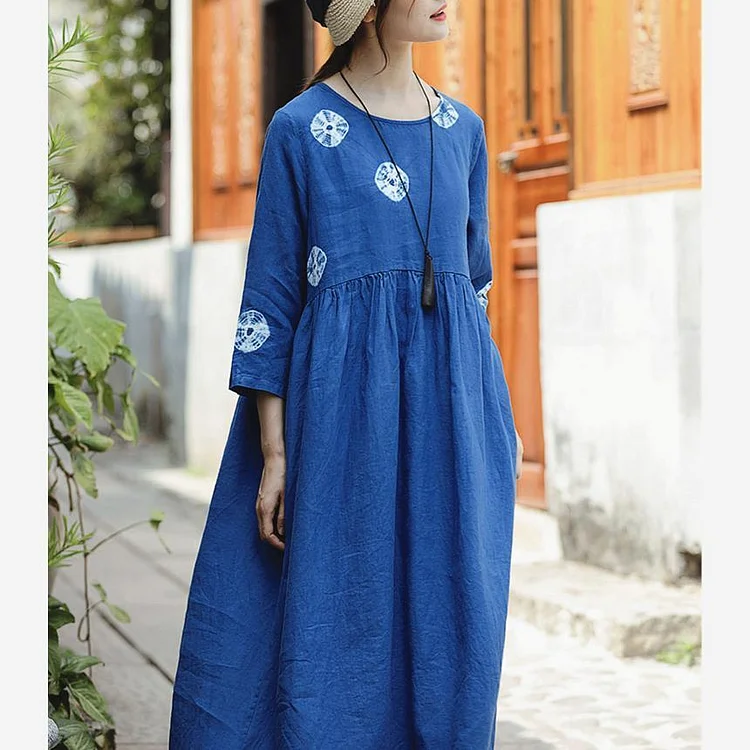 boutique blue print linen dresses oversize o neck linen clothing dresses vintage Three Quarter sleeve large hem linen dresses