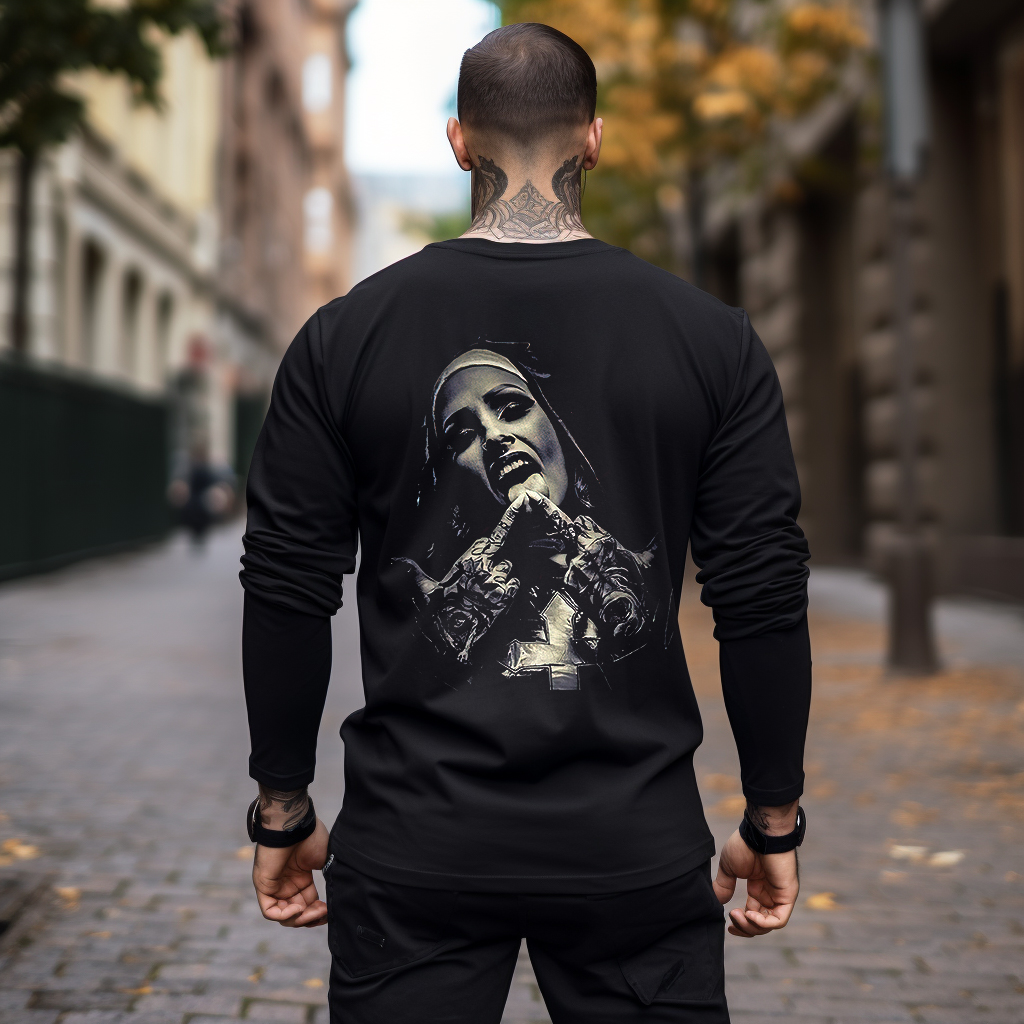 Nun with Crucifix Graphic Dark Style Graphic Print Longsleeves Shirt
