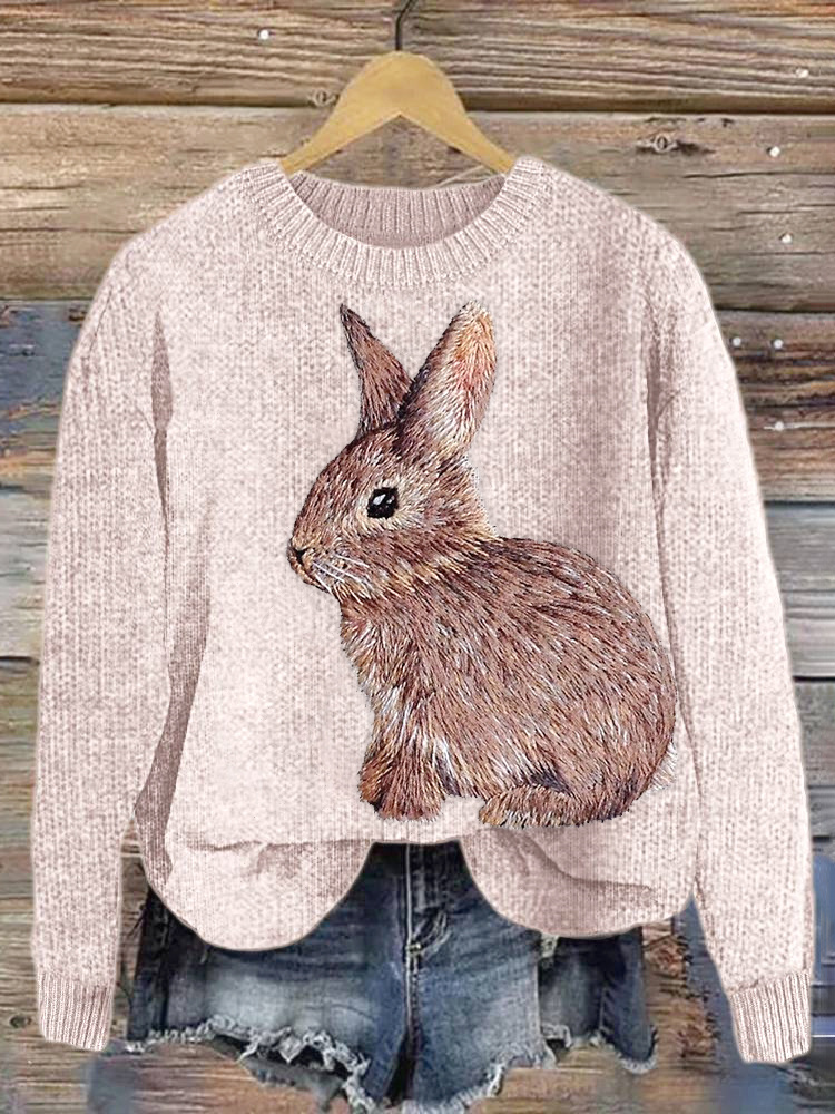 Embroidered Bunny Casual Cozy knit Sweater wearshes
