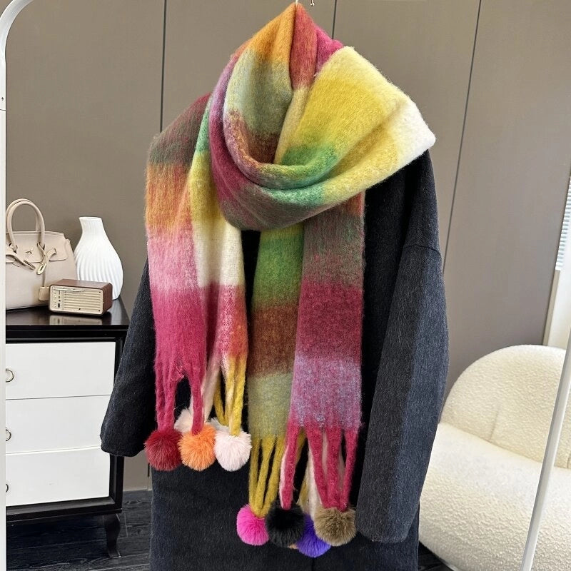 New Rainbow Stitching Dyed Plaid Scarf Women’s Winter Atmosphere Long Style Thickened Tassel Scarf