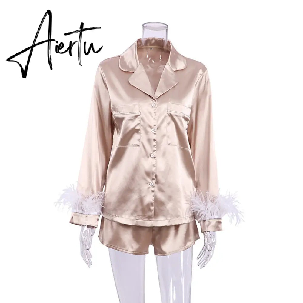 Pajamas For Women 2 Piece Set Feathers Long Sleeve Turn Down Collar Sleepwear Autumn Casual Night Suits With Shorts Satin Aiertu