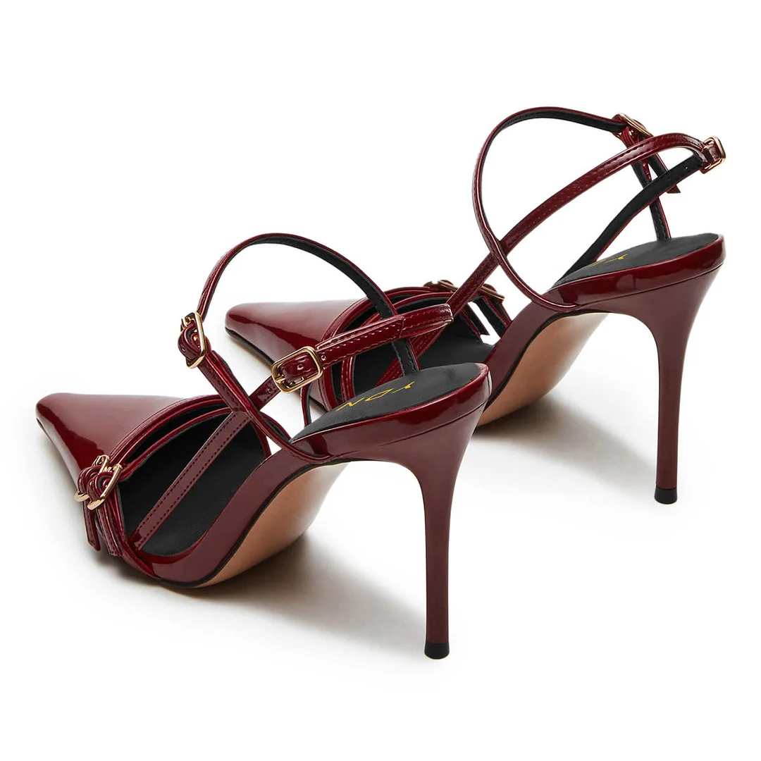 Burgundy Patent Leather Pointed Toe Buckled Strappy Slingback Heels