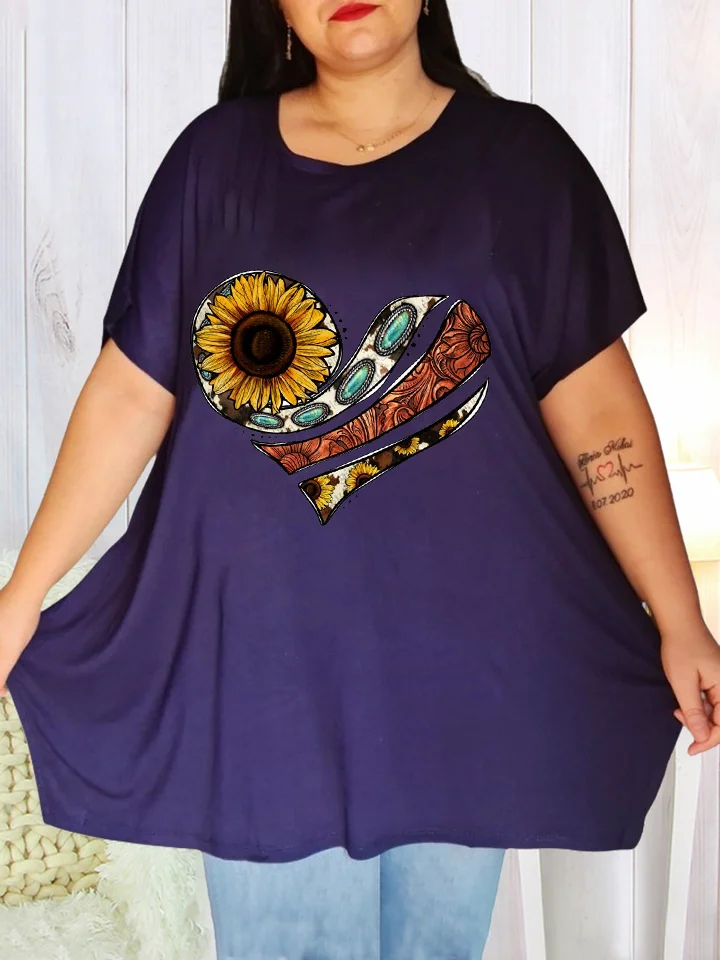 Crew Neck Sunflower Print Women's T-Shirt