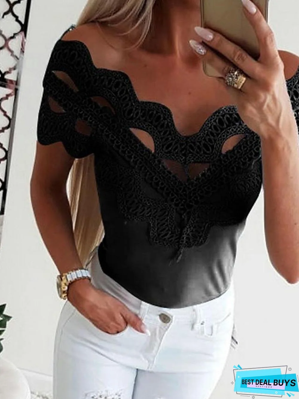 Women's T-Shirt Solid Colored Lace Fashion Off Shoulder Off Shoulder Tops Basic Top White Black Blue-0207801