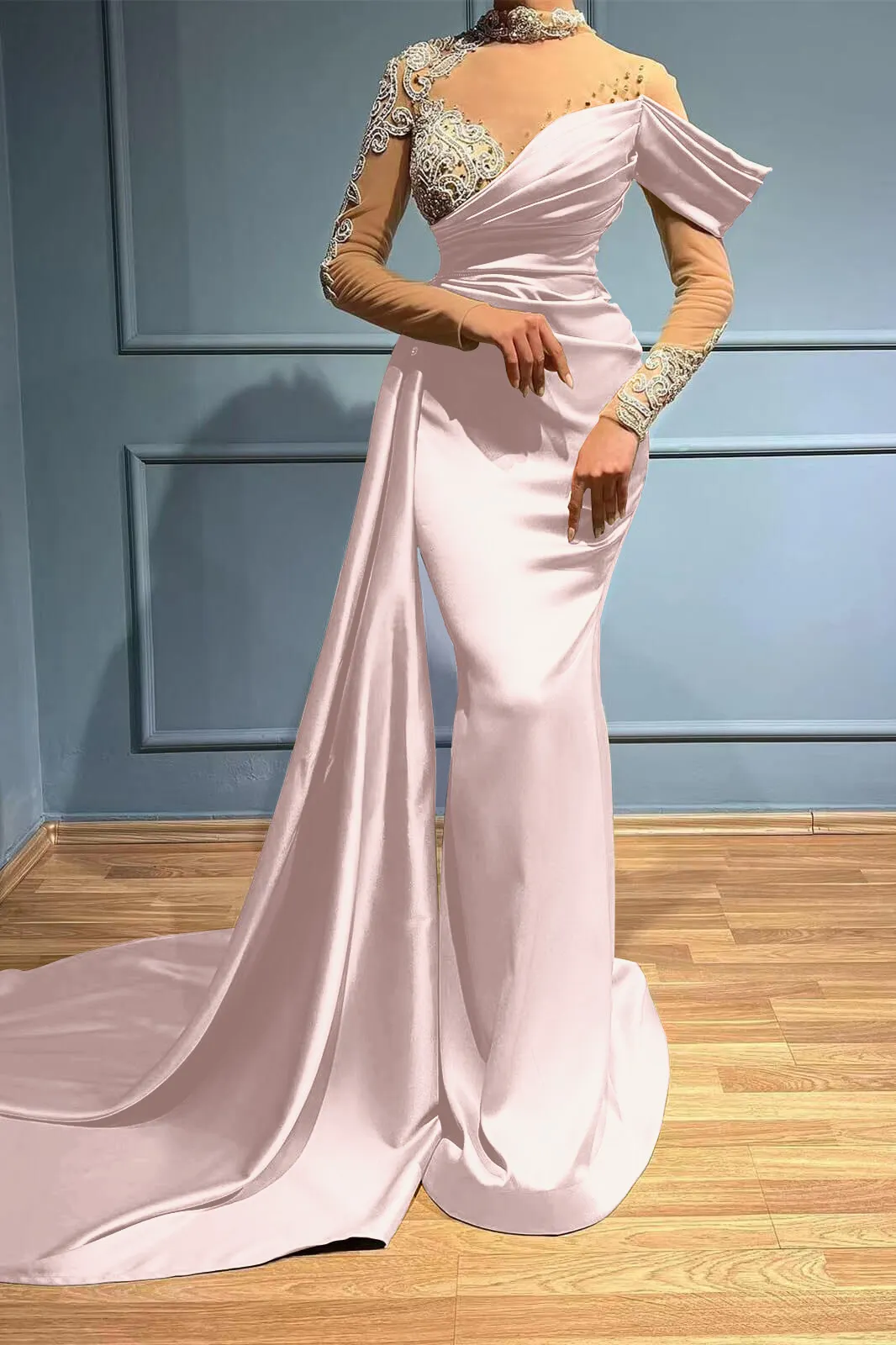 High Neck Sleeveless Evening Dress - Mermaid Slit Long with Pleats