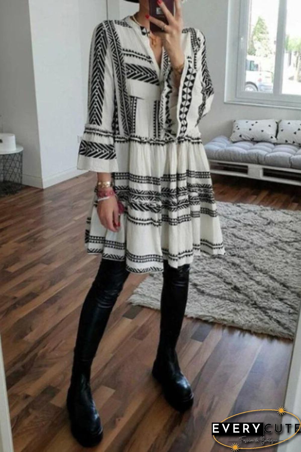Geometric Printed V-neck Loose Mini Dress (3 Colors) P12103