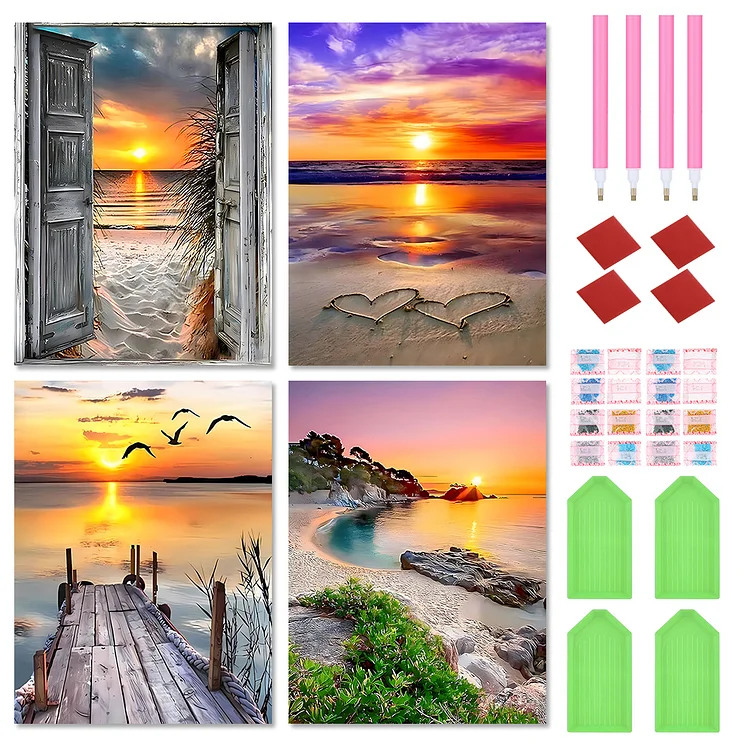 4pcsBeach Scenery 30*40CM (Canvas) Full Round Drill Diamond Painting gbfke