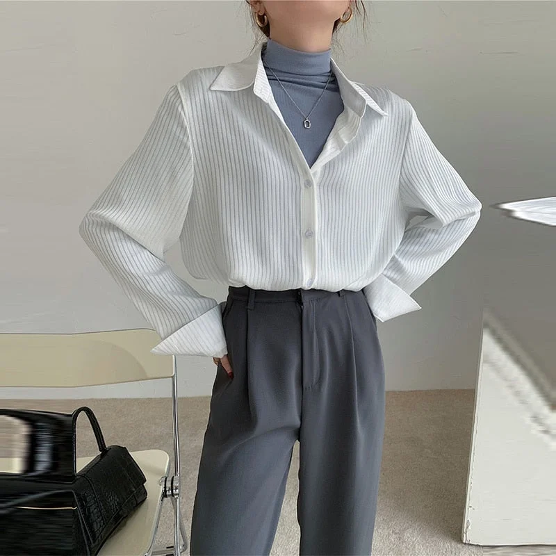 2023 New Spring Autumn Women's Long Sleeved Design Blouse Niche Lapel Loose Vertical Striped Shirt For Ladies Base Chic Tops