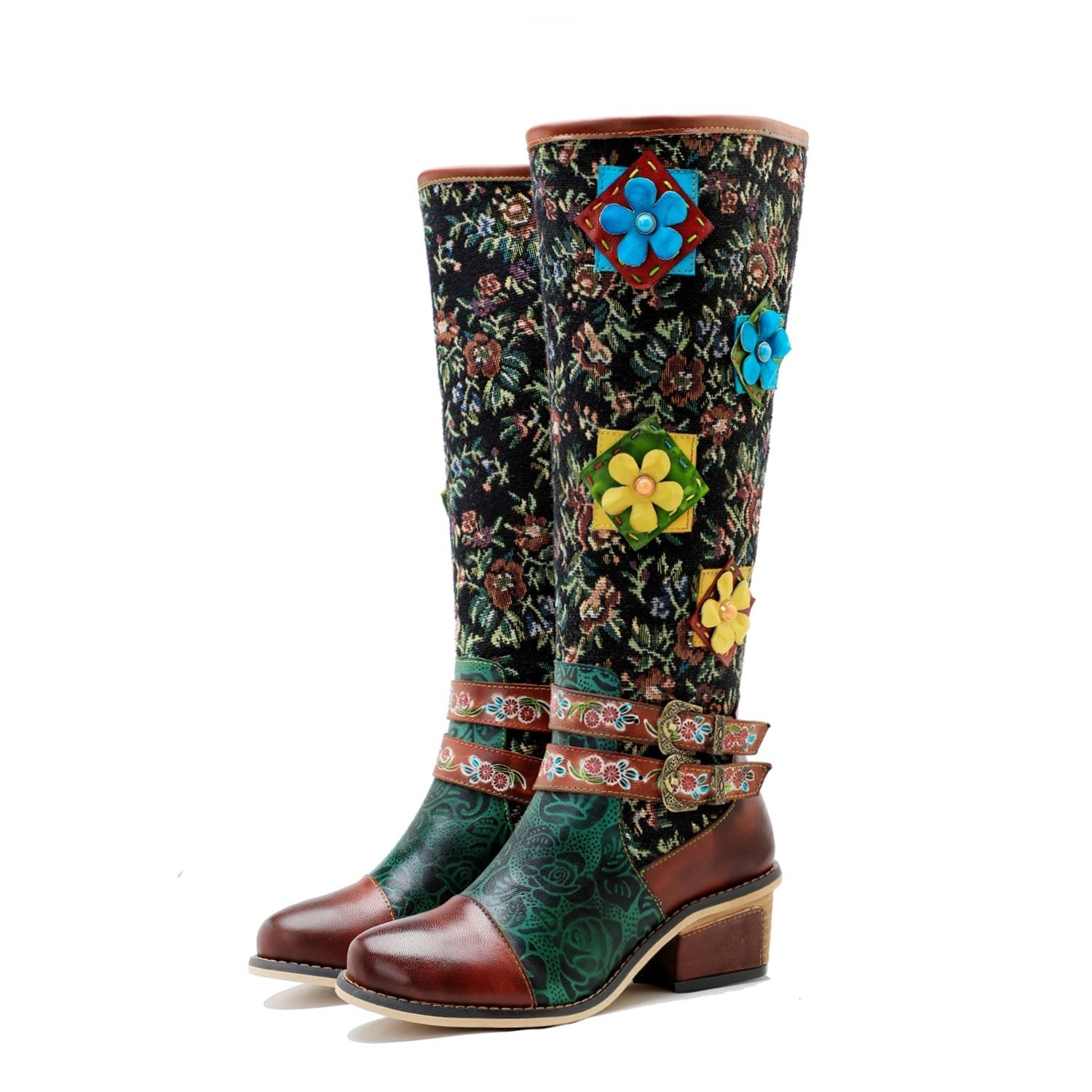 Women'sVintage Handmade Ethic Stunning Floral Cowboy Boots