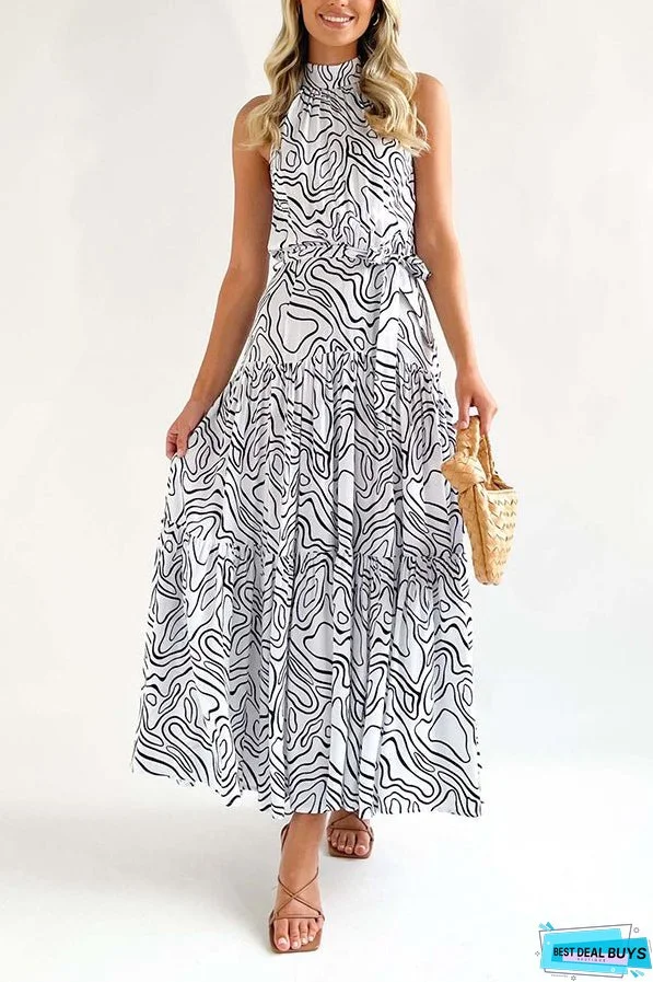 Elegant Loose Fashion Trend Print Lace Up Swing Dress