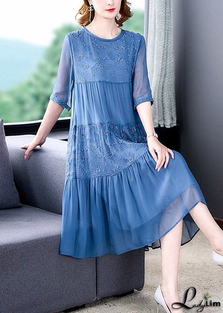 French Blue O-Neck Embroideried Patchwork Silk Long Dresses Summer