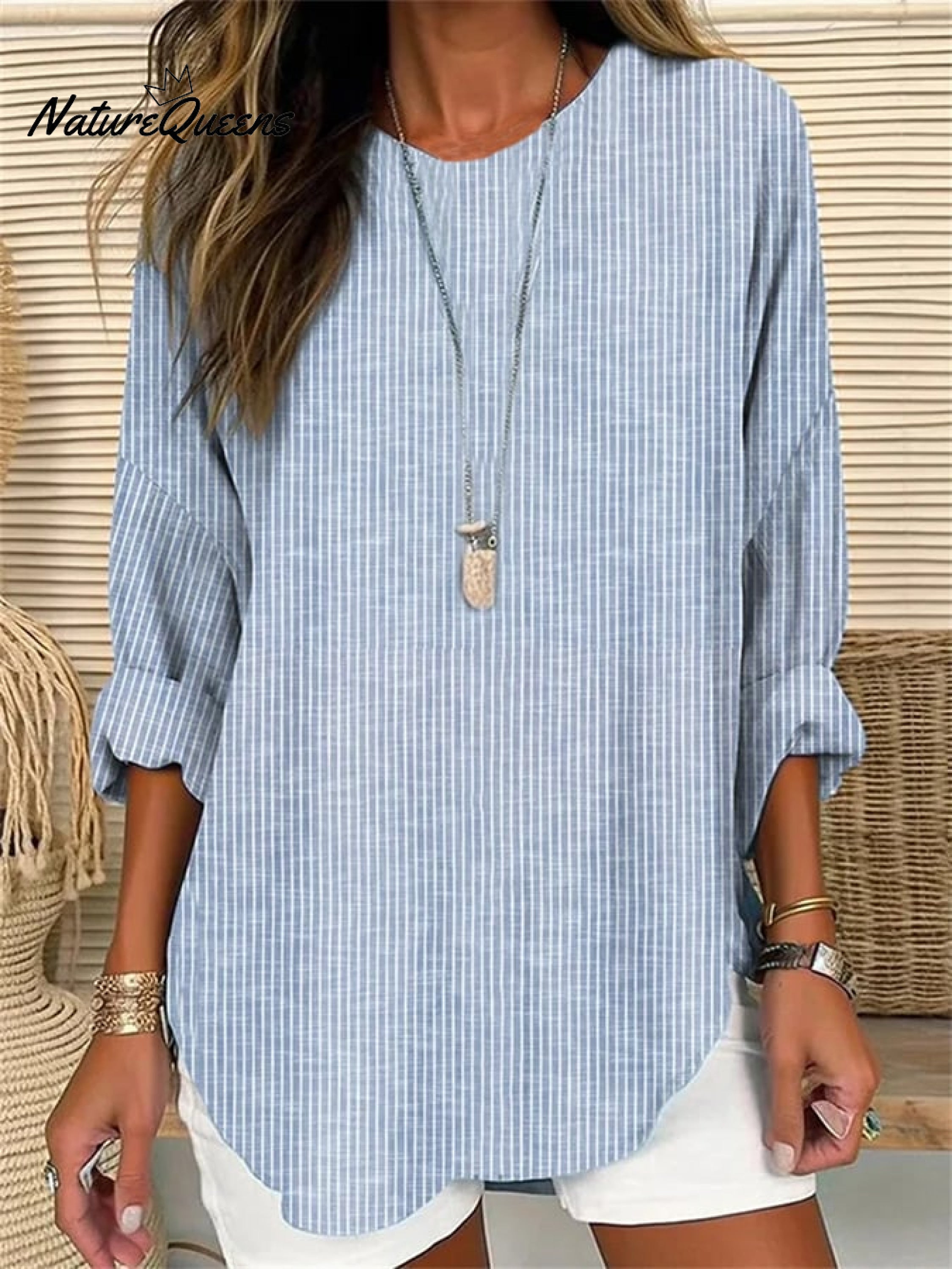 Women's Retro Striped Design Loose Long Sleeve Crew Neck Top mysite idetrend