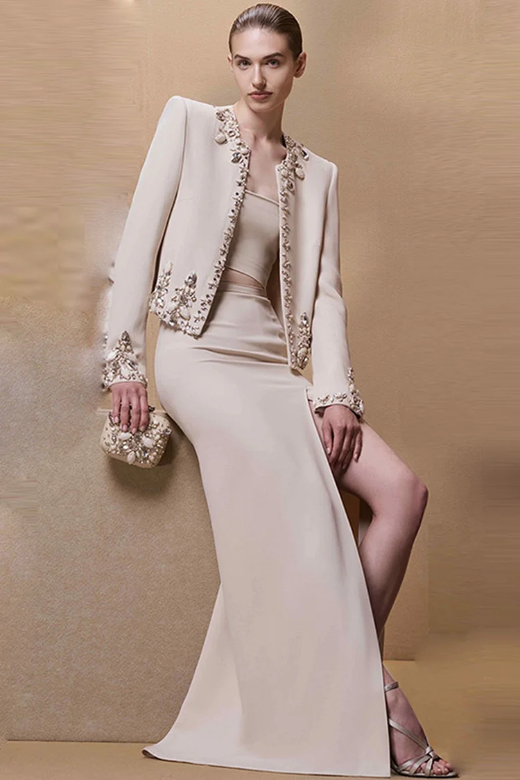 Rhinestone Beaded Embellished Slit Two Piece Skirt Set-Apricot