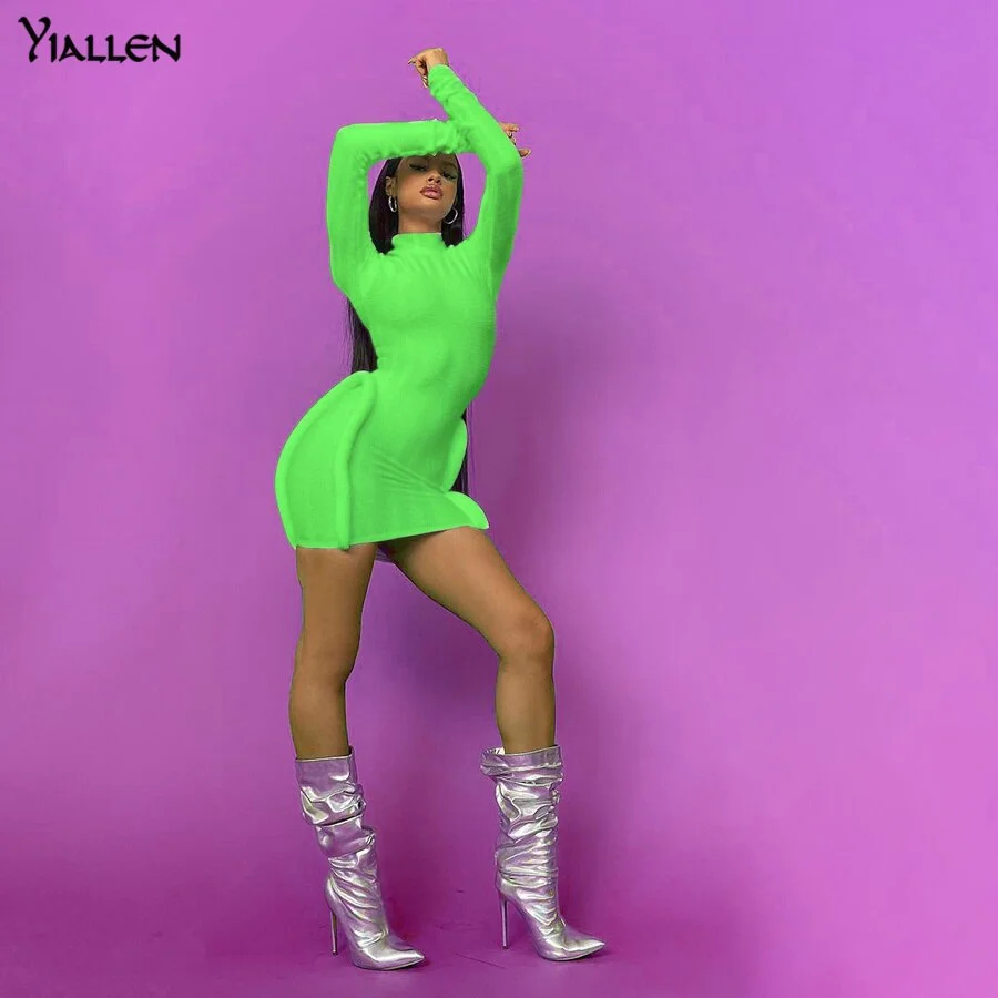 Yiallen Autumn New Casual Rib Knit Chic Y2K Dresses Women Long Sleeve Turtleneck Skinny Stretchy Bodycon Dresses Female Hot