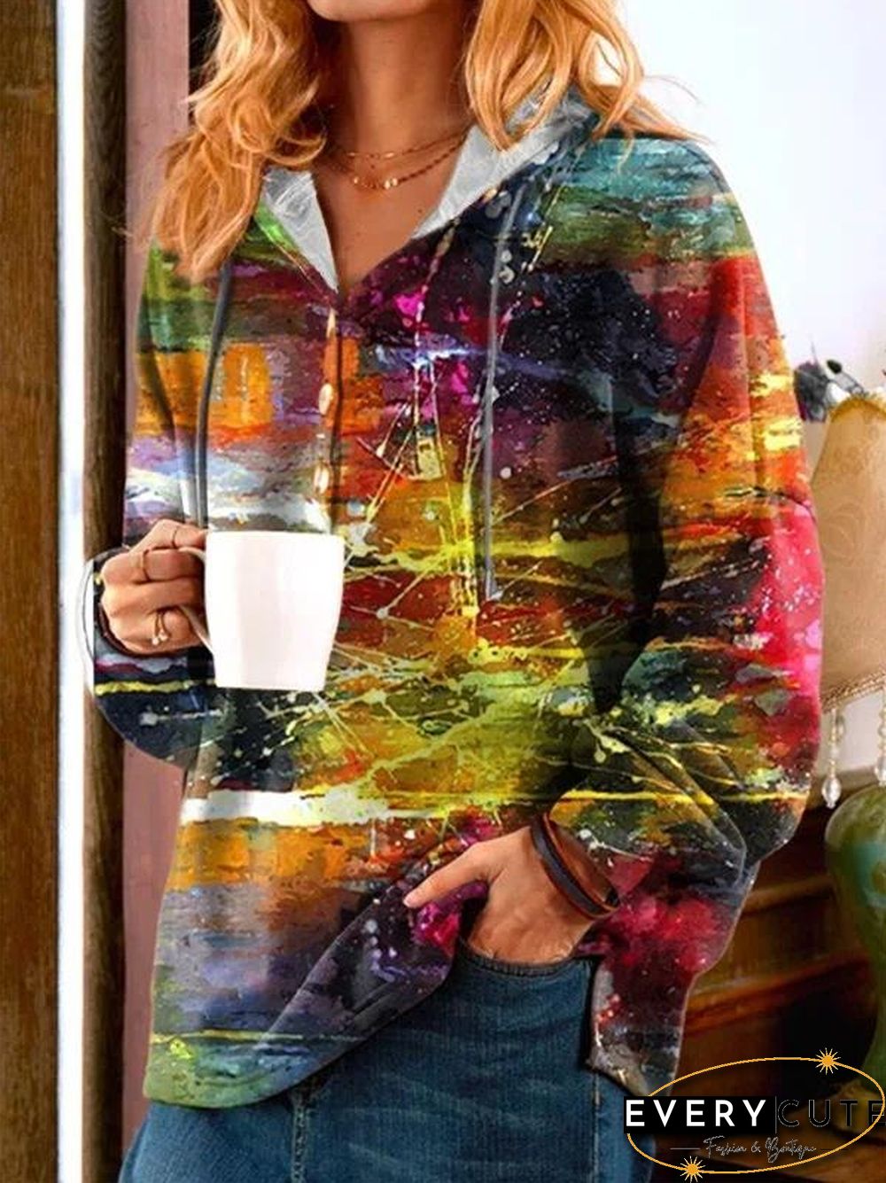 Button Decorated Printed Top With Hat