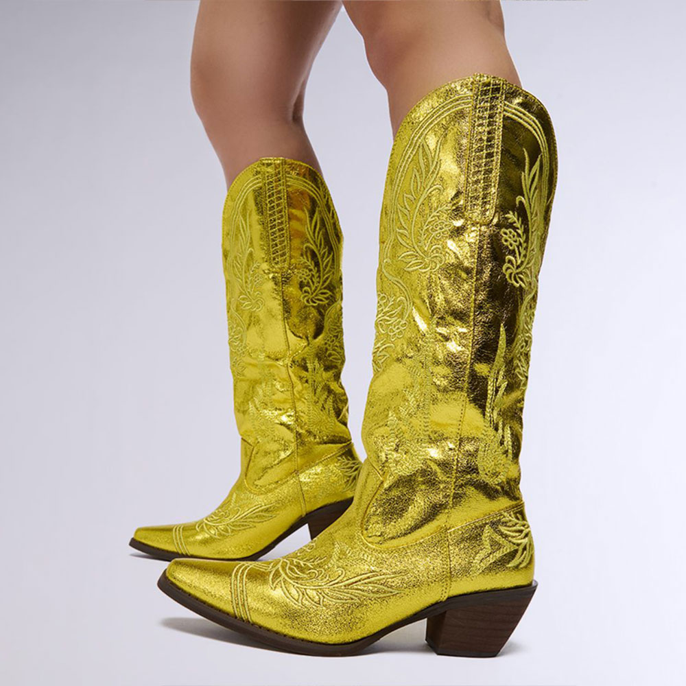 Gold Metallic Finish Pointed Floral Embroidered Cowgirl Boots   