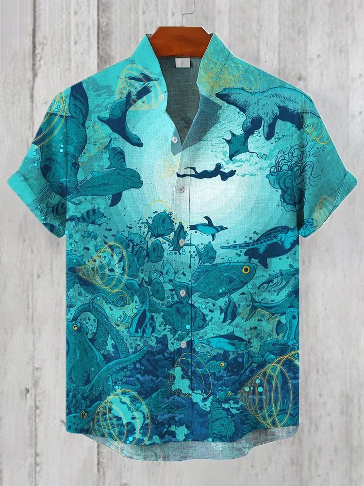 Underwater Animal World Print Men's Linen Shirt