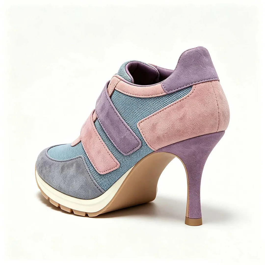 Pink Contrast Mesh Vegan Suede Closed Toe Stiletto Heel Women Sneakers