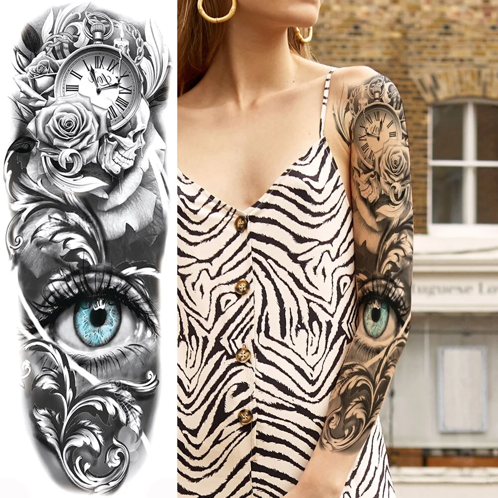 Sdrawing Totem Tattoo Arm Sleeve For Men Women Adult Realistic Fake Skeleton King Temporary Tattoo Evil Eye Demon Death Skull Tatoo