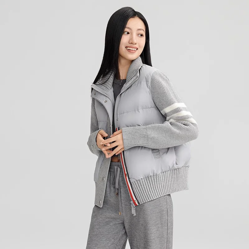 Toloer Knitting Splicing Light Down Jacket Female 2024 Winter Fashion Contrast Color Stripe Vertical Collar Casual White Duck Down Coat-Outfit Ideas