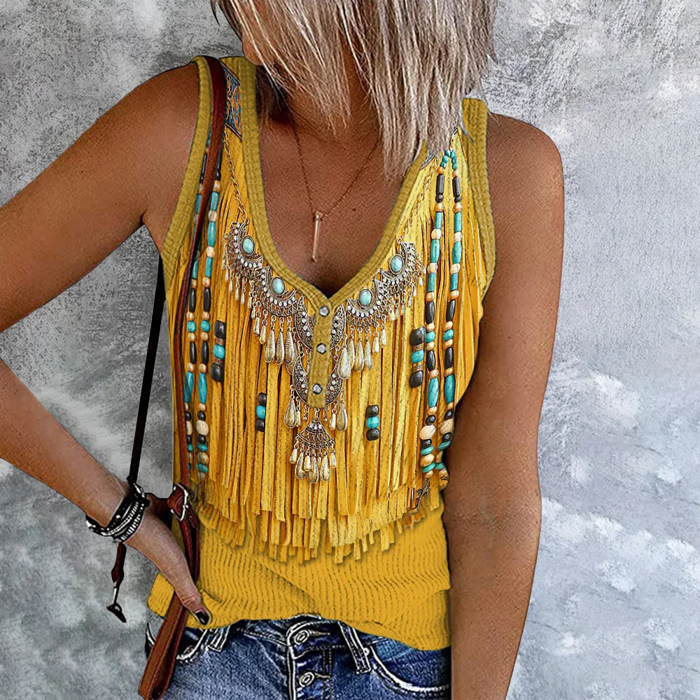 Western Tribal Tassels Button Up Tank Top
