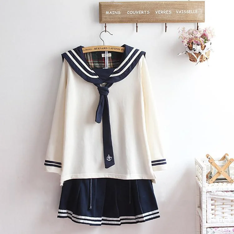 M-XL Beige/Navy Long Sleeve Sailor Top with Skirt Uniform Set SP153608