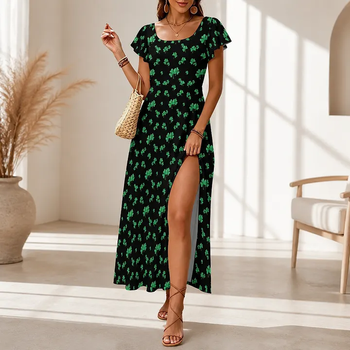 st patricks day dresses for ladies SFneewho® Women Cap Sleeve Long Dress Green Irish Shamrock Clovers Vacation Short Sleeve U-neck Boho Maxi pub crawl bar st patrick's day outfit