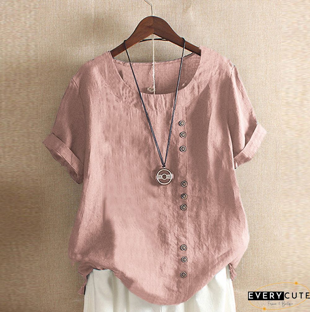 Women's Summer Retro Solid Color Casual Loose Cotton Linen Short Sleeve T-Shirt
