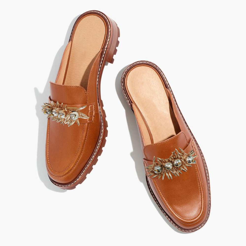 Brown Closed Round Toe Mules With Flower Decor Lug Sole Flats Nicepairs