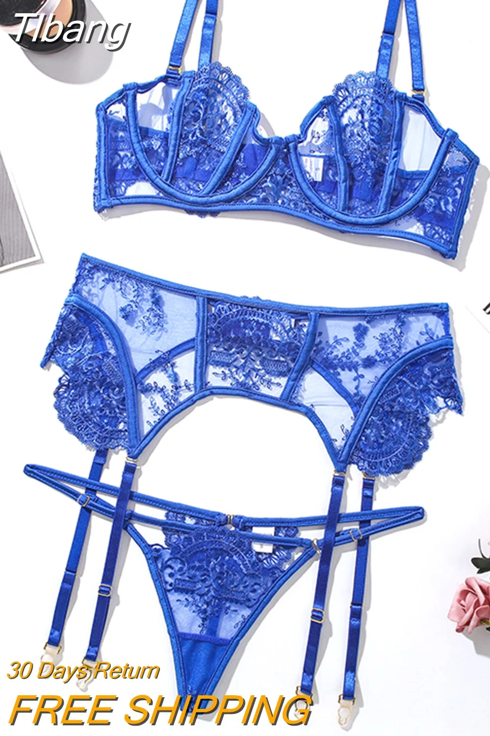 Tlbang Transparent Lingerie Erotic Lace Delicate Underwear Sexy See Through Luxury Exotic Sets Blue Matching Bra Thong Garters