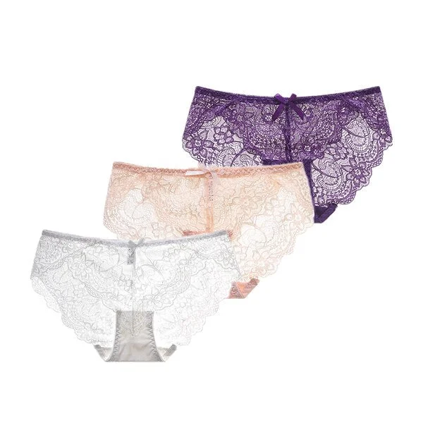 3Pcs/Lot Sexy Lace Underwear Women Transparent Low Waist Panties Cotton Crotch Briefs for Girls Breathable Seamless Lingeries