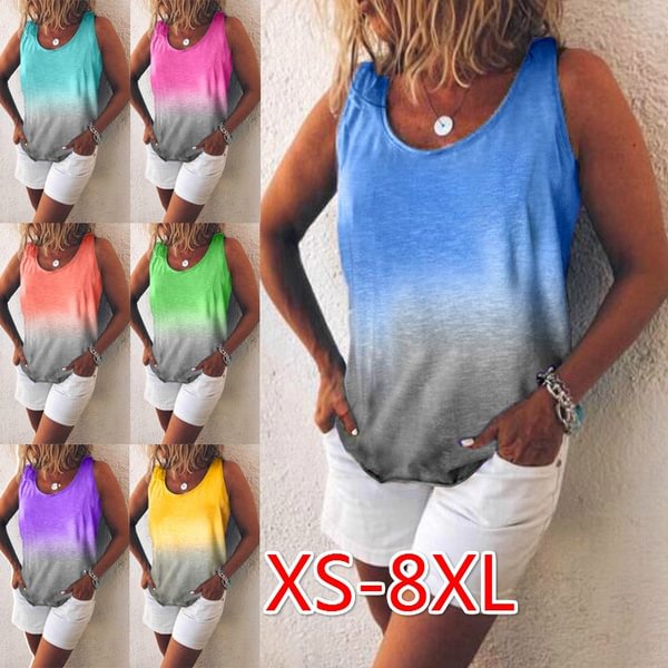 XS-8XL Plus Size Clothes Women's Fashion Halter Tops Summer Casual T-shirt Gradient Color Cotton Blouse Ladies Round Neck Loose Sleeveless Shirts Beach Vest Lady Printed Tank Tops - Shop Trendy Women's Clothing | LoverChic