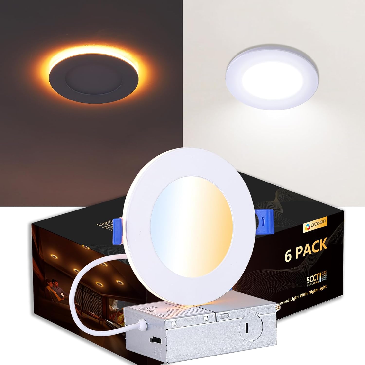 6 Pack 4 Inch LED Recessed Lights with Night Light White