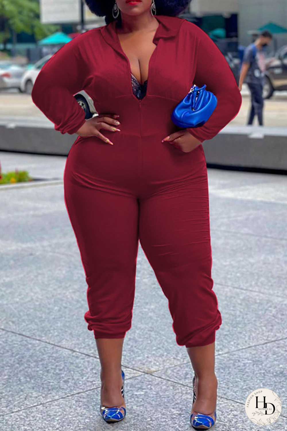 Burgundy Casual Solid Split Joint Hooded Collar Plus Size Jumpsuits