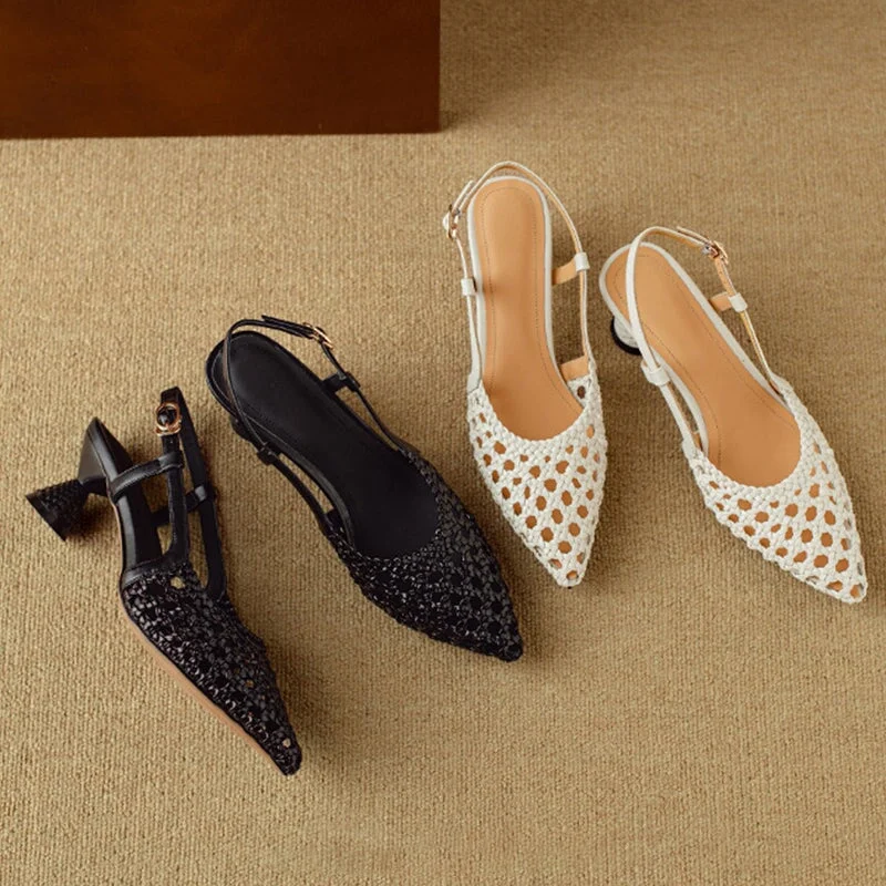 Women's Kitty Heel Woven Leather Point Toe Slingback Pumps Sandals