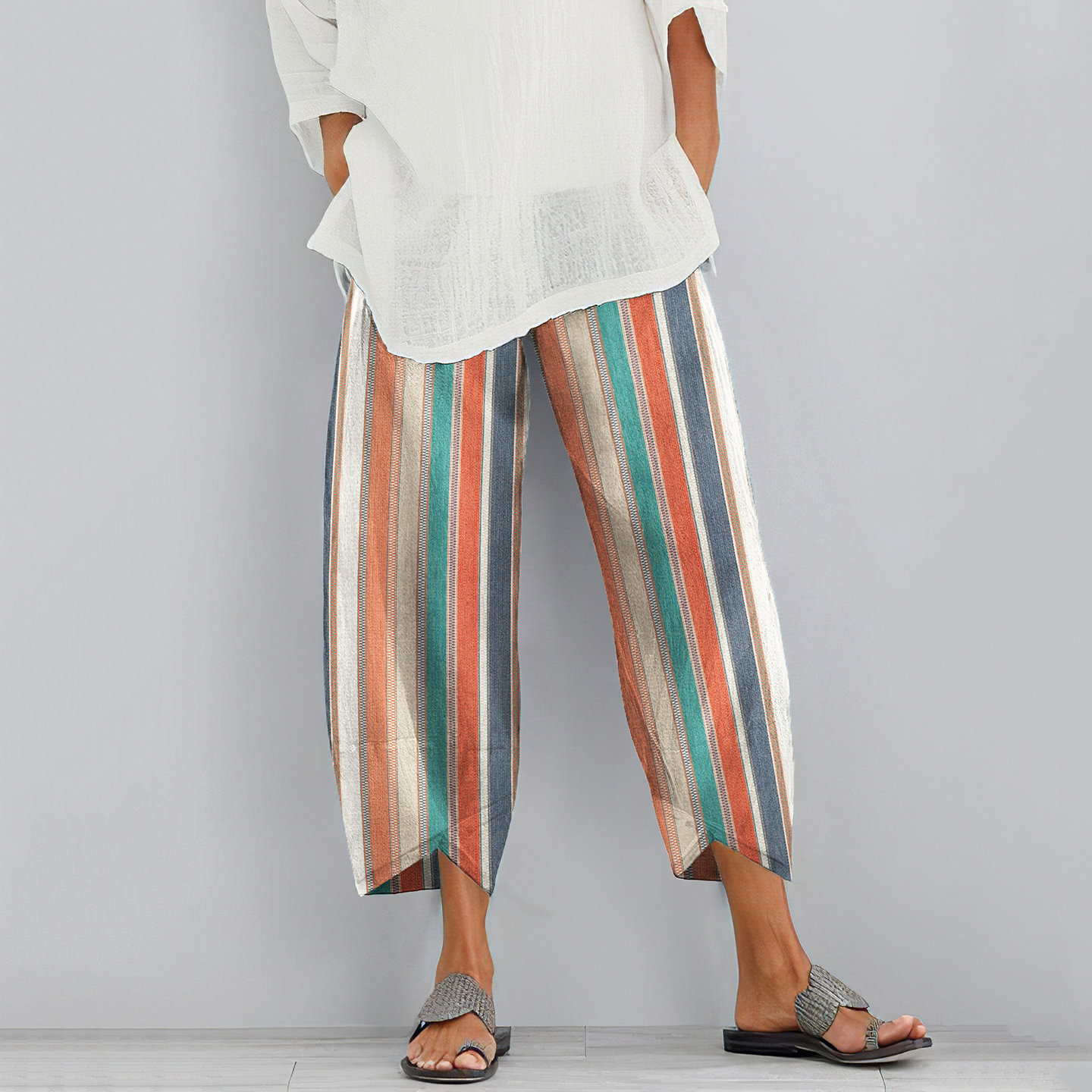 Comstylish Vintage Color Block Stripes Cotton And Linen Pants