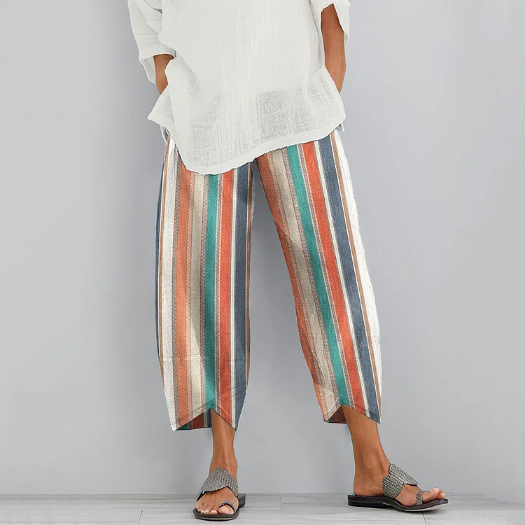 Vintage Color Block Stripes Cotton And Linen Pants